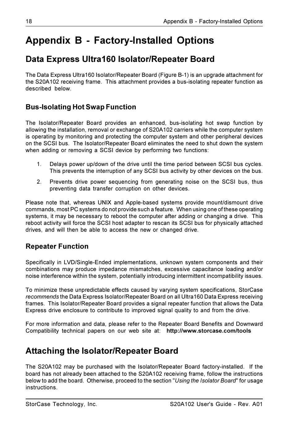 Appendix b - factory-installed options, Data express ultra160 isolator/repeater board, Attaching the isolator/repeater board | Bus-isolating hot swap function, Repeater function | StorCase Technology S20A102 User Manual | Page 25 / 33