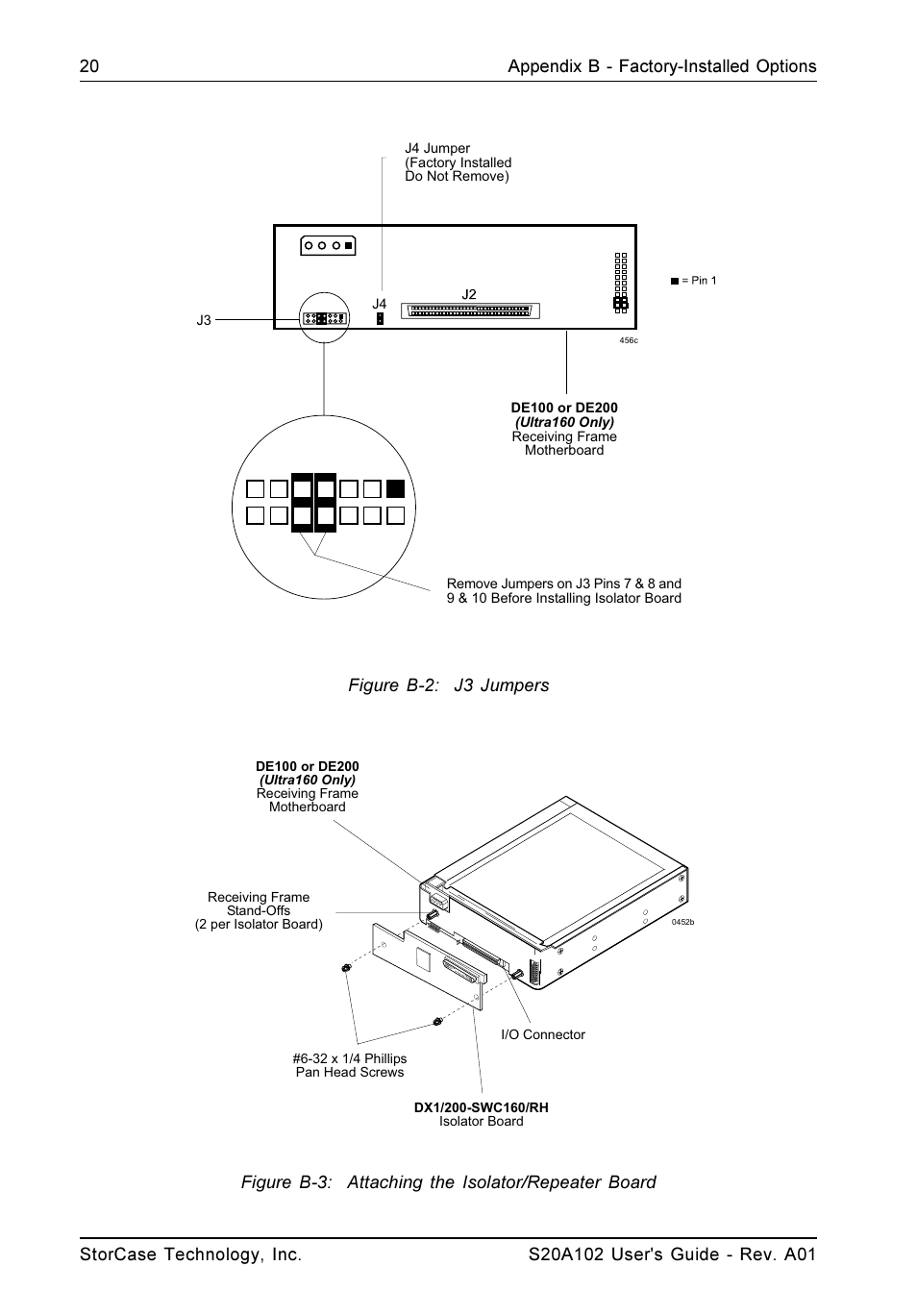 Figure b-2: j3 jumpers, Figure b-3: attaching the isolator/repeater board | StorCase Technology S20A102 User Manual | Page 27 / 33