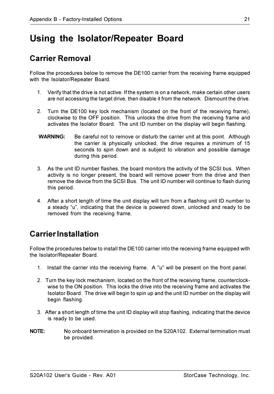 Using the isolator/repeater board, Carrier removal, Carrier installation | StorCase Technology S20A102 User Manual | Page 28 / 33