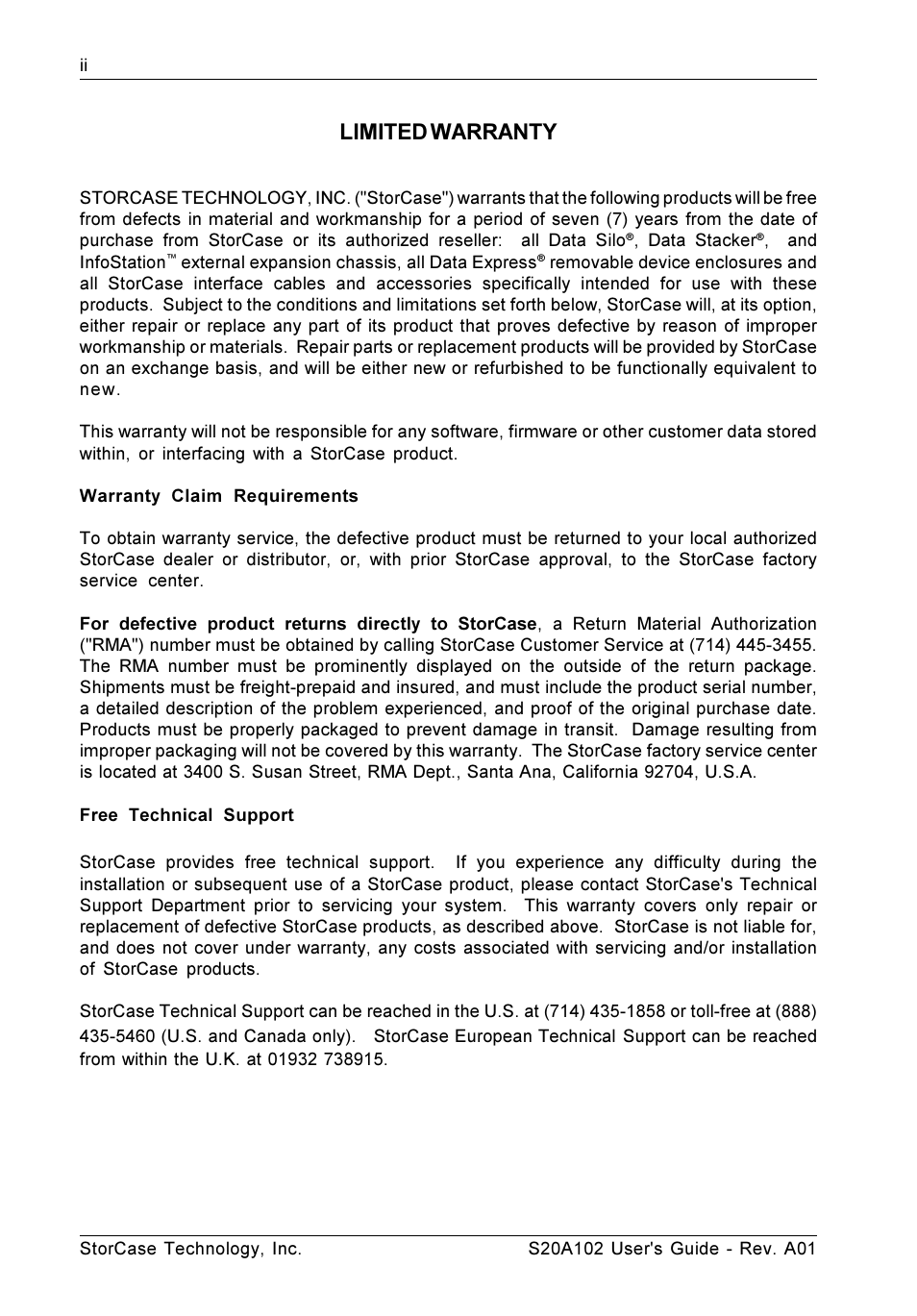 Warranty claim requirements, Free technical support, Limited warranty | StorCase Technology S20A102 User Manual | Page 3 / 33