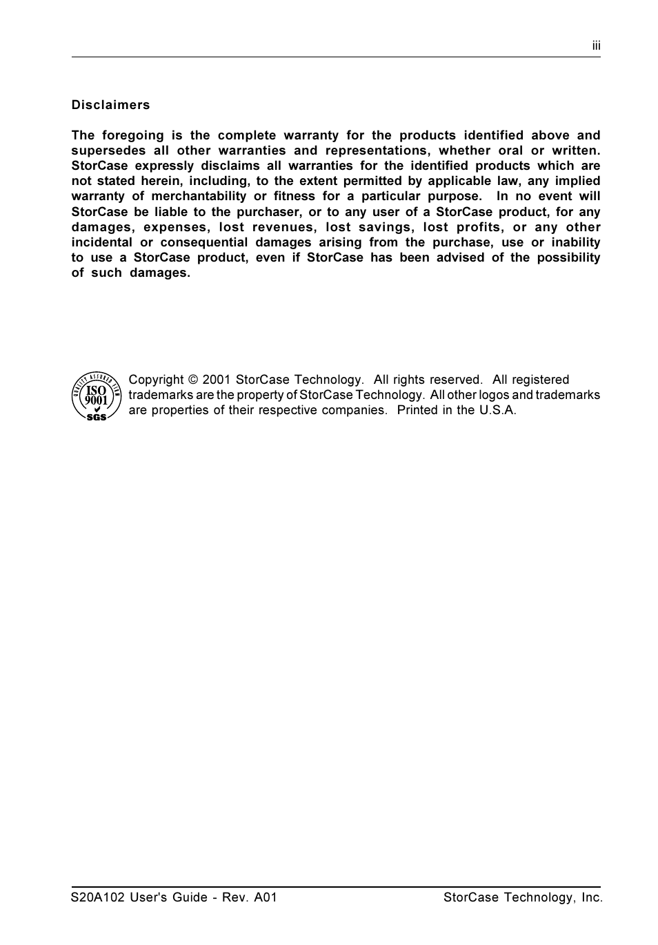 Disclaimers | StorCase Technology S20A102 User Manual | Page 4 / 33