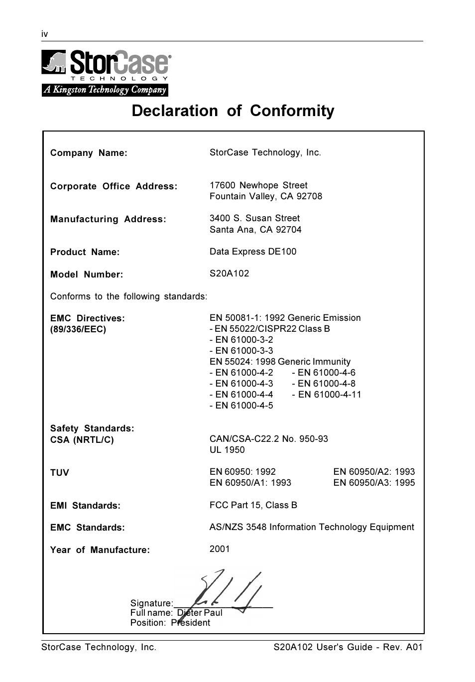 Declaration of conformity | StorCase Technology S20A102 User Manual | Page 5 / 33