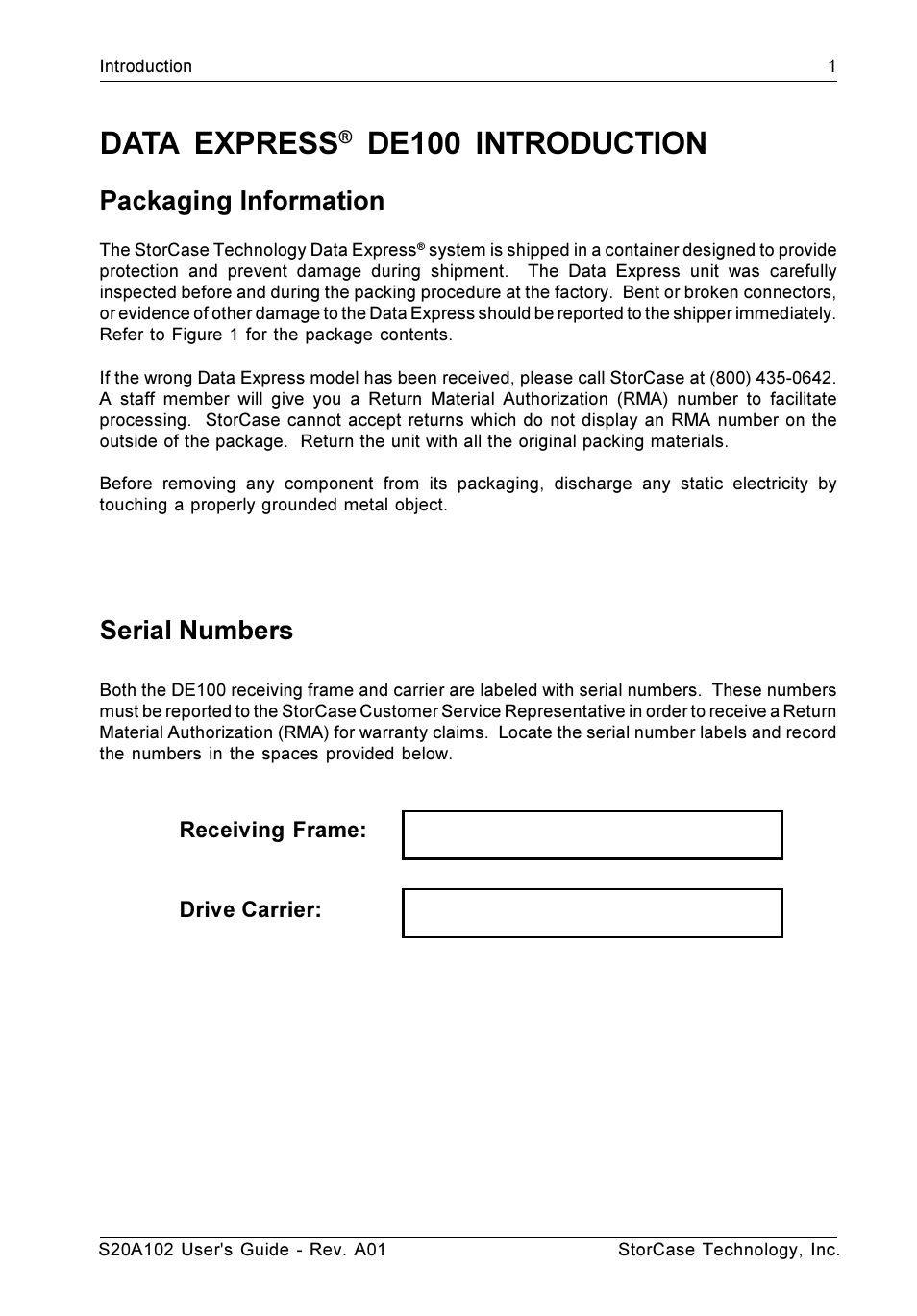 Introduction, Packaging information, Serial numbers | Data express, De100 introduction | StorCase Technology S20A102 User Manual | Page 8 / 33