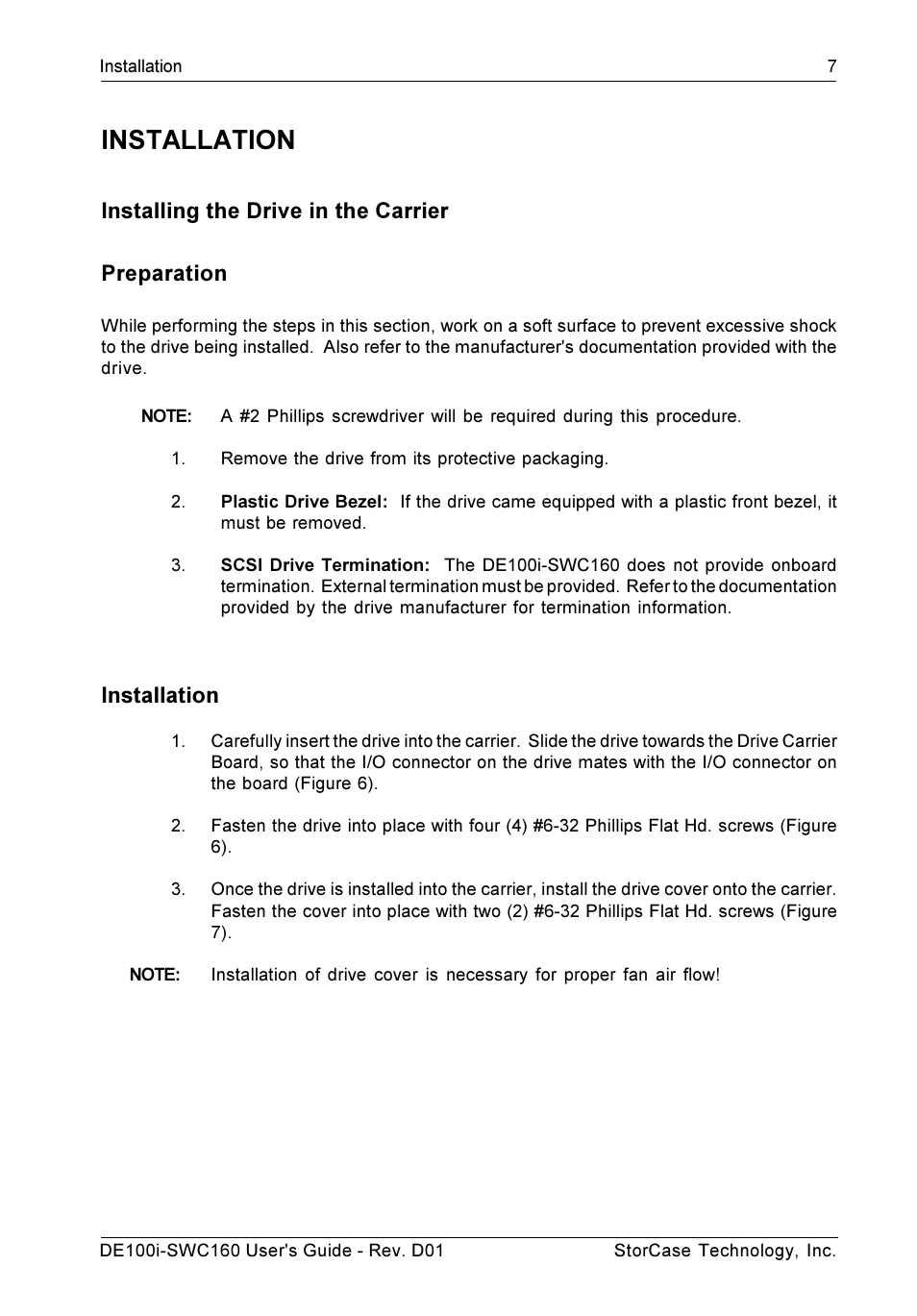 Installation, Installing the drive in the carrier preparation | StorCase Technology DE100i-SWC160 User Manual | Page 14 / 39