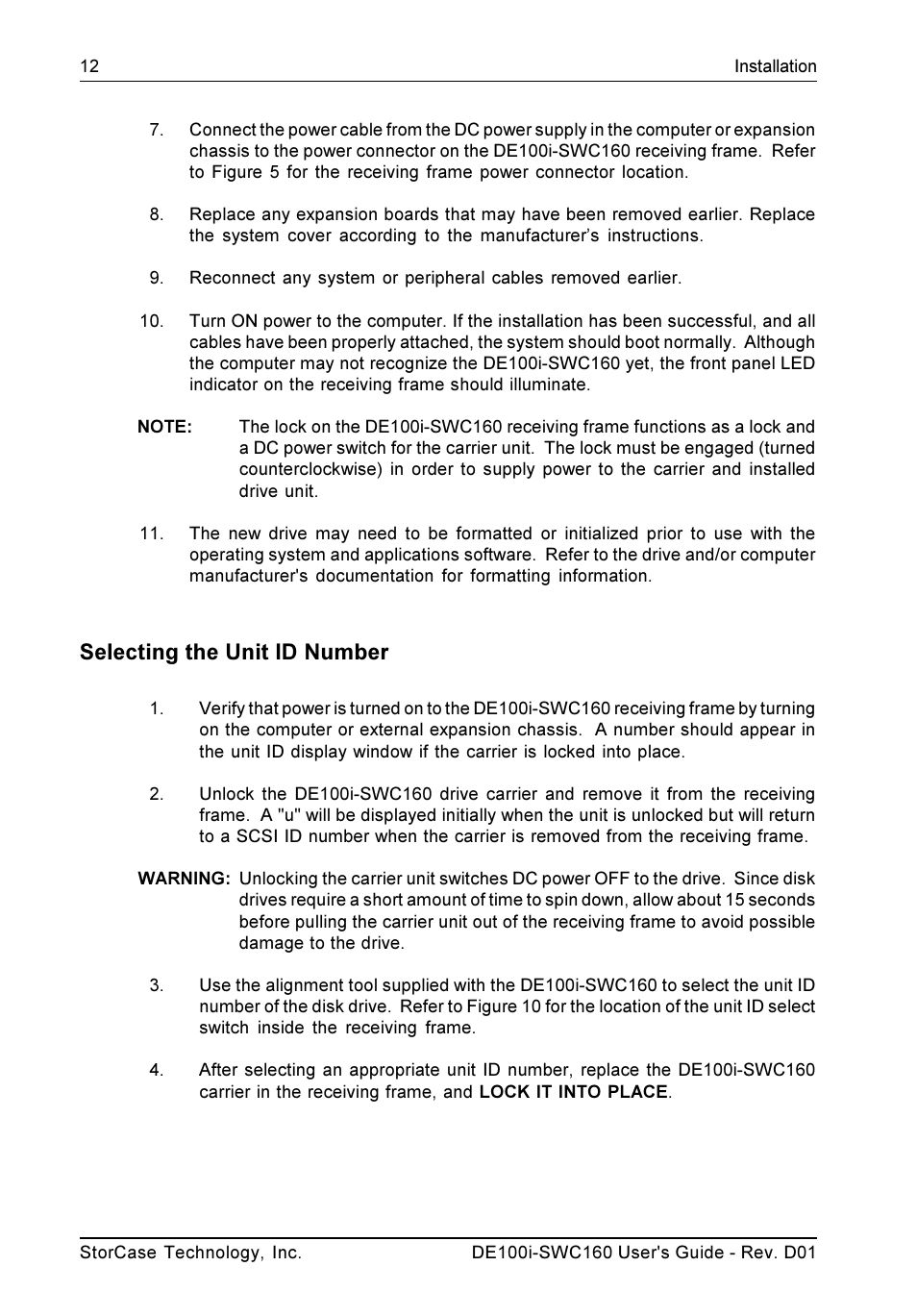 Selecting the unit id number | StorCase Technology DE100i-SWC160 User Manual | Page 19 / 39