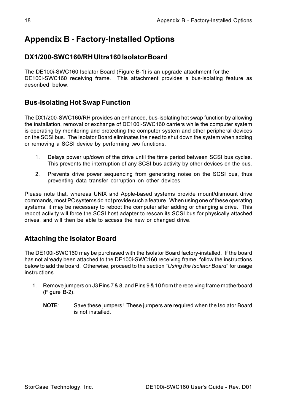 Appendix b - factory-installed options, Bus-isolating hot swap function, Attaching the isolator board | StorCase Technology DE100i-SWC160 User Manual | Page 25 / 39