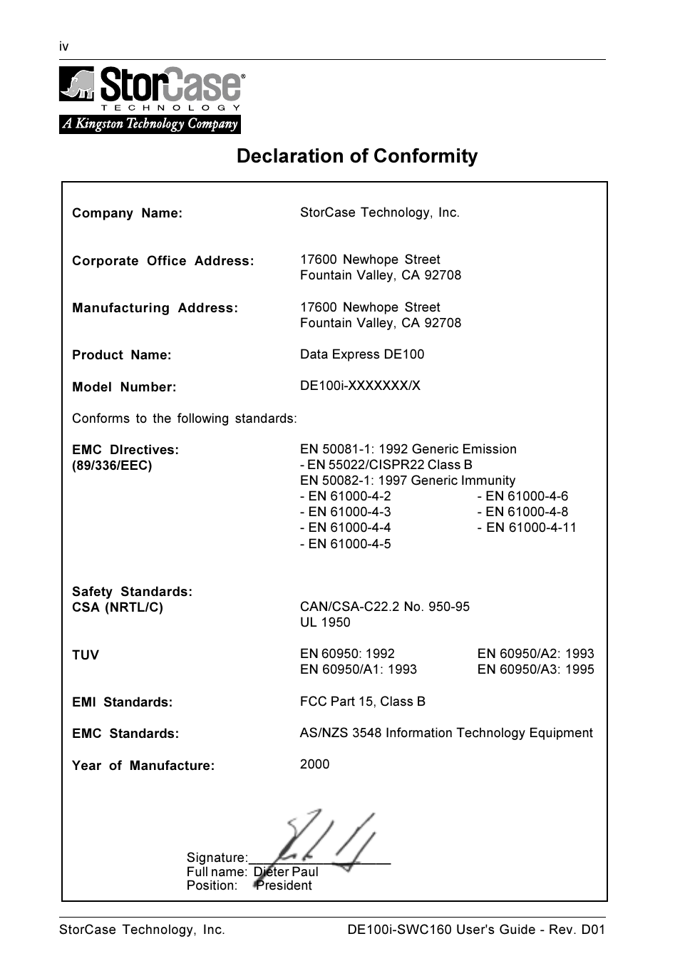 Declaration of conformity | StorCase Technology DE100i-SWC160 User Manual | Page 5 / 39
