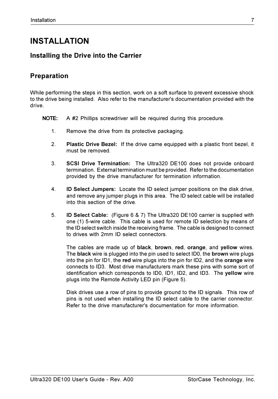 Installation, Installing the drive into the carrier preparation | StorCase Technology Ultra320 DE100 User Manual | Page 14 / 31