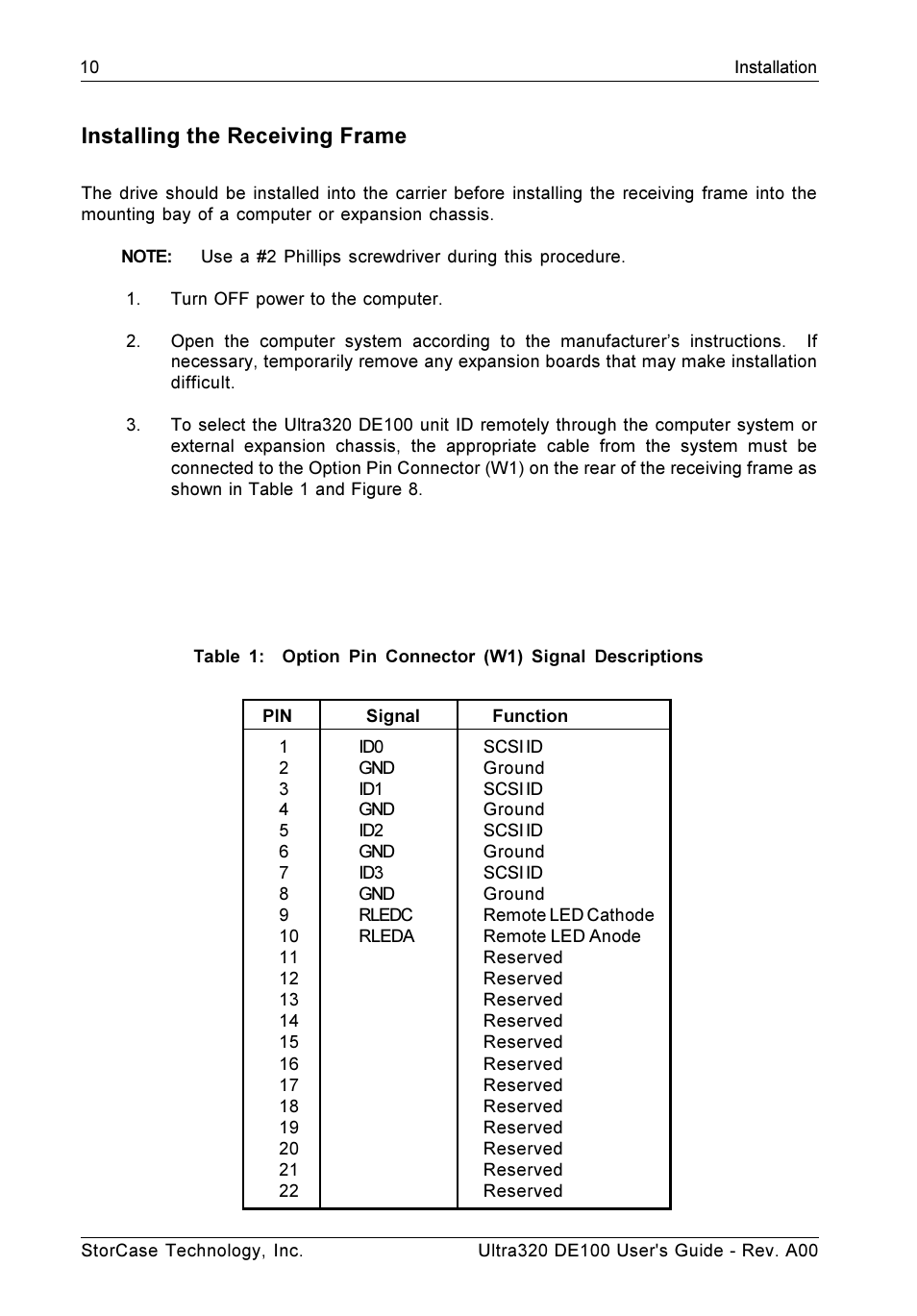 Installing the receiving frame | StorCase Technology Ultra320 DE100 User Manual | Page 17 / 31