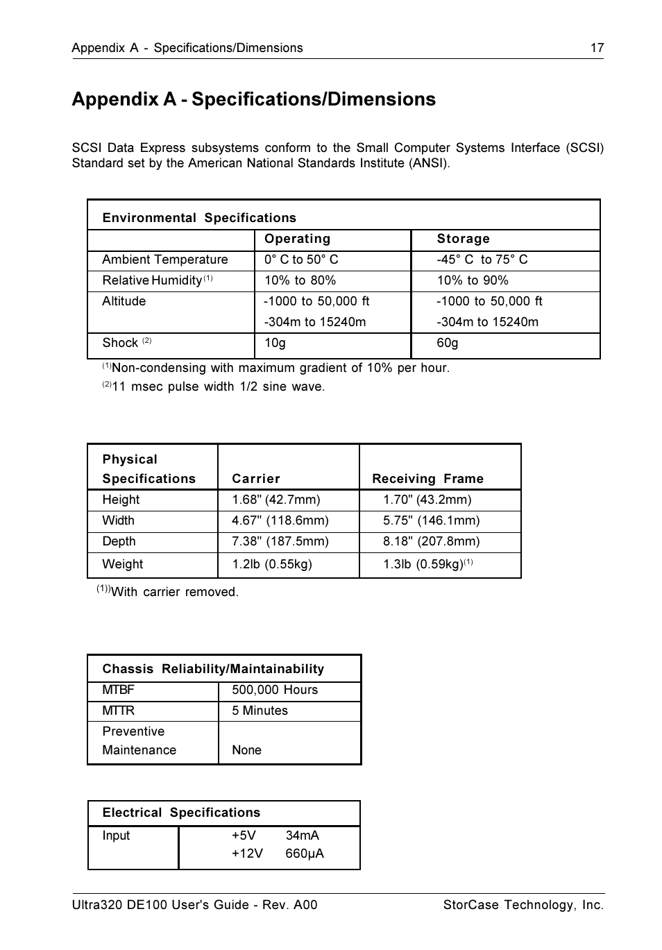 Appendix a - specifications/dimensions | StorCase Technology Ultra320 DE100 User Manual | Page 24 / 31