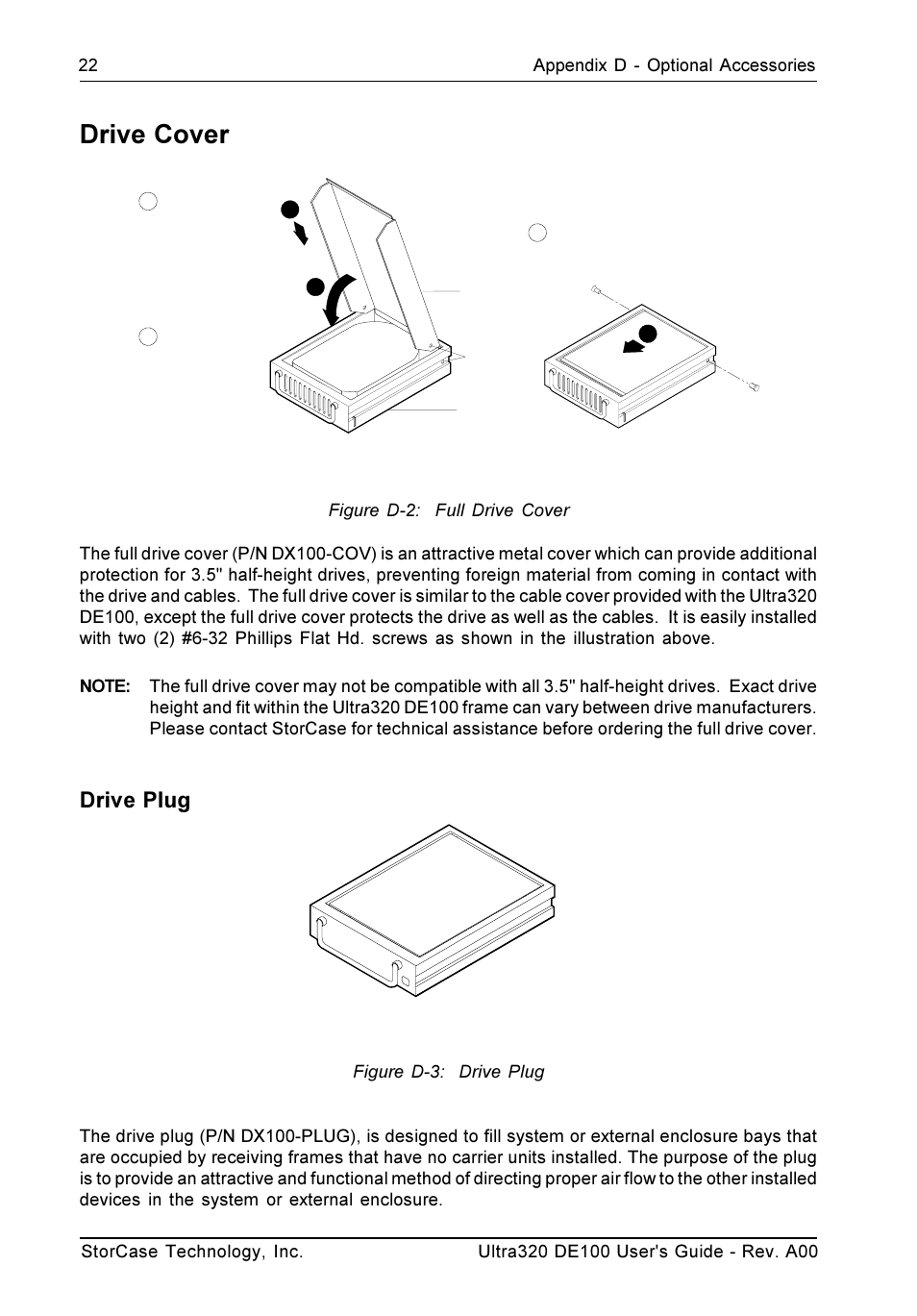 Drive cover, Drive plug | StorCase Technology Ultra320 DE100 User Manual | Page 29 / 31