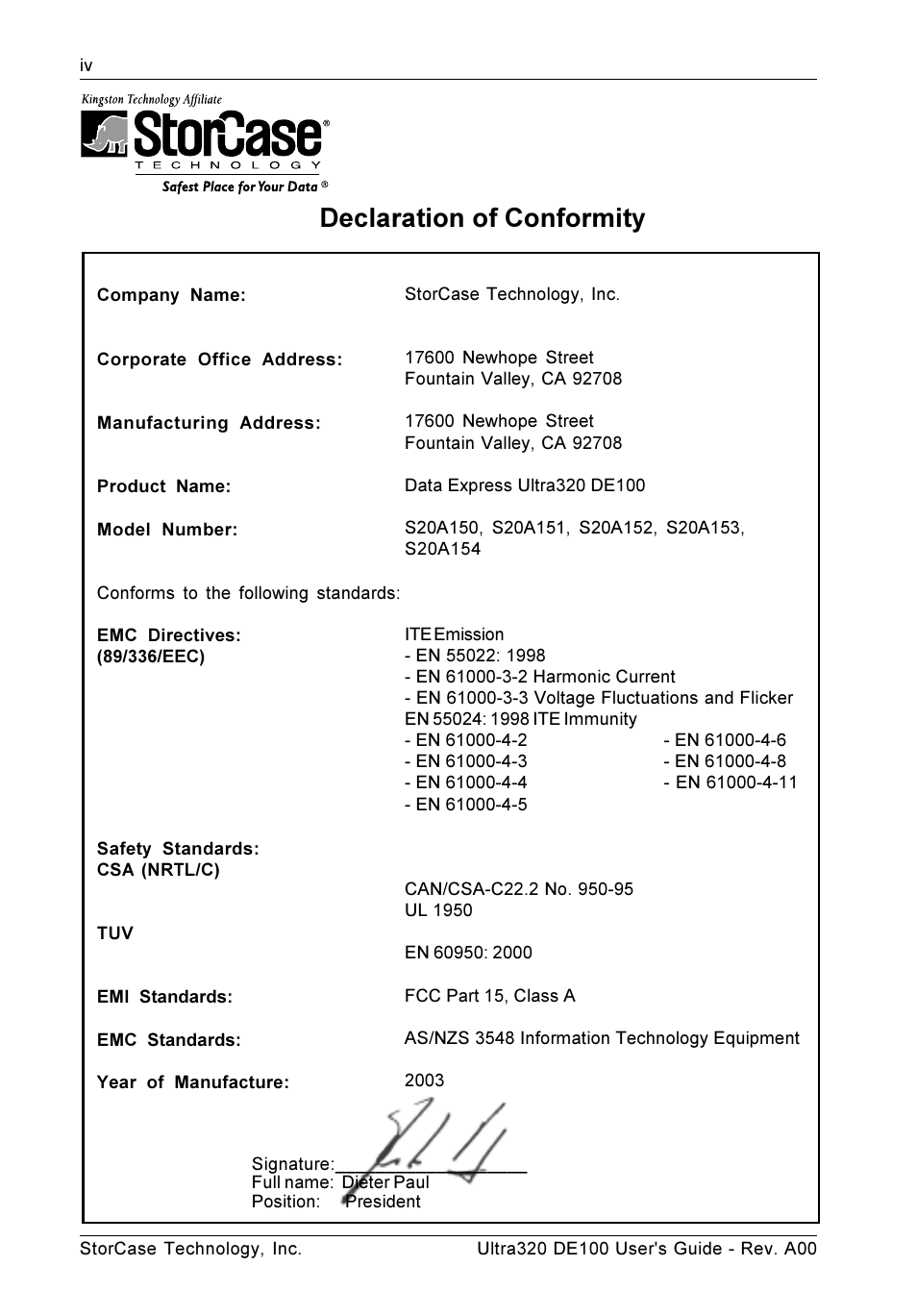 Declaration of conformity | StorCase Technology Ultra320 DE100 User Manual | Page 5 / 31