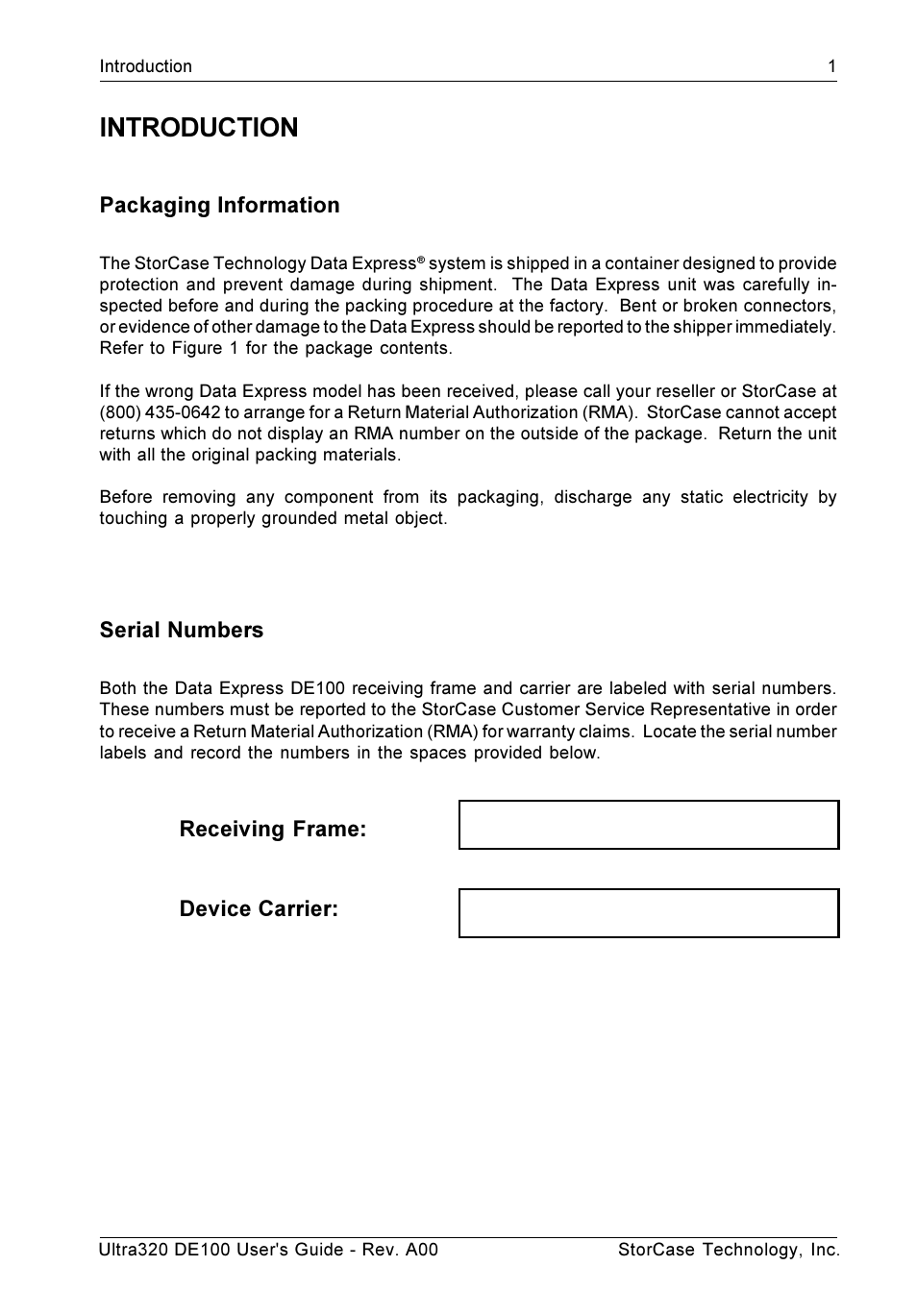 Introduction, Packaging information, Serial numbers | Receiving frame: device carrier | StorCase Technology Ultra320 DE100 User Manual | Page 8 / 31