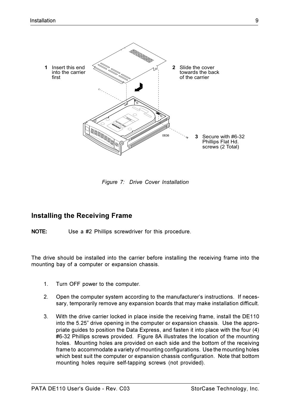 Installing the receiving frame | StorCase Technology DE110 User Manual | Page 16 / 27