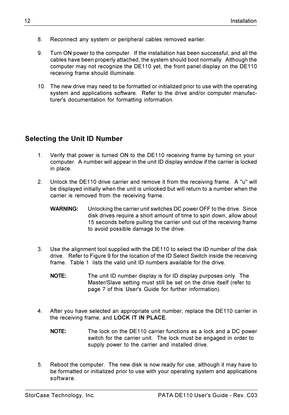 Selecting the unit id number | StorCase Technology DE110 User Manual | Page 19 / 27