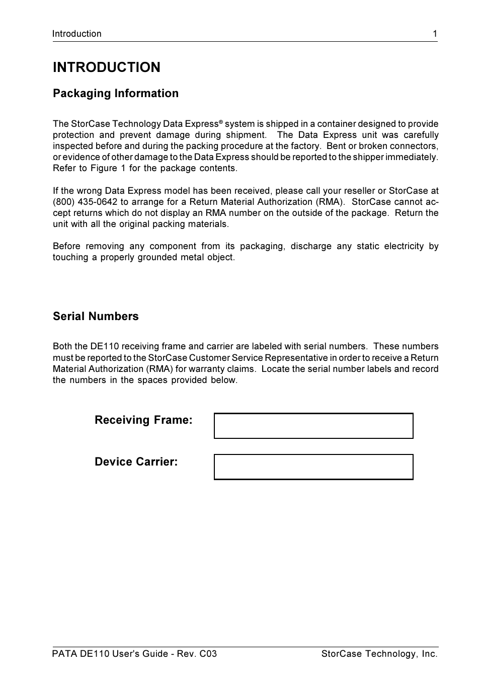 Introduction, Packaging information, Serial numbers | Receiving frame: device carrier | StorCase Technology DE110 User Manual | Page 8 / 27