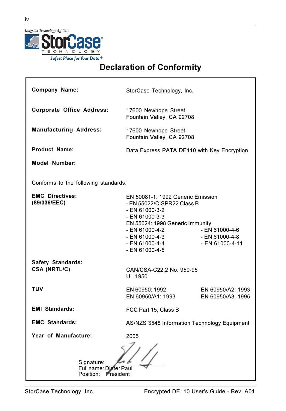 Declaration of conformity | StorCase Technology DE110 User Manual | Page 5 / 31