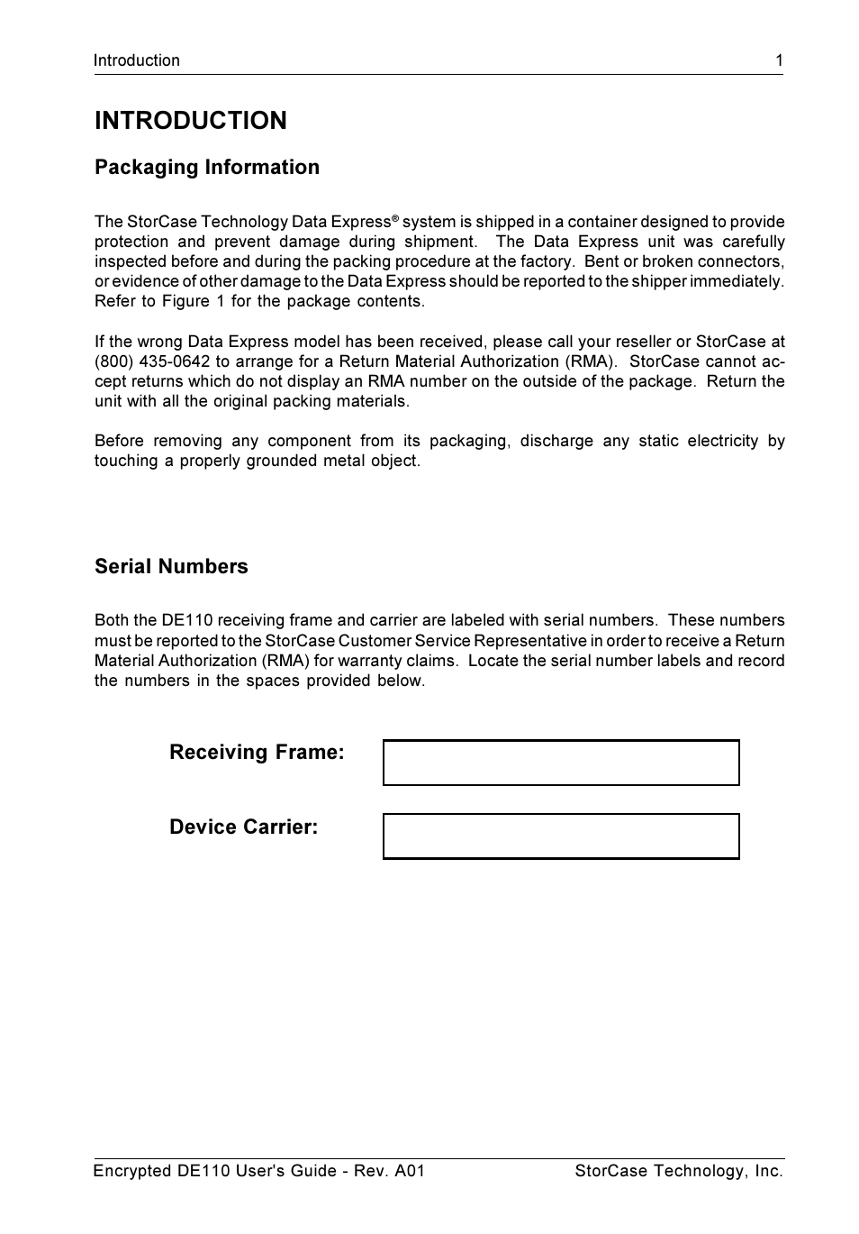 Introduction, Packaging information, Serial numbers | Receiving frame: device carrier | StorCase Technology DE110 User Manual | Page 8 / 31