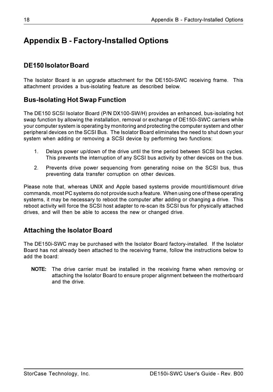 Appendix b - factory-installed options, De150 isolator board, Bus-isolating hot swap function | Attaching the isolator board | StorCase Technology DE150i-SWC User Manual | Page 25 / 33