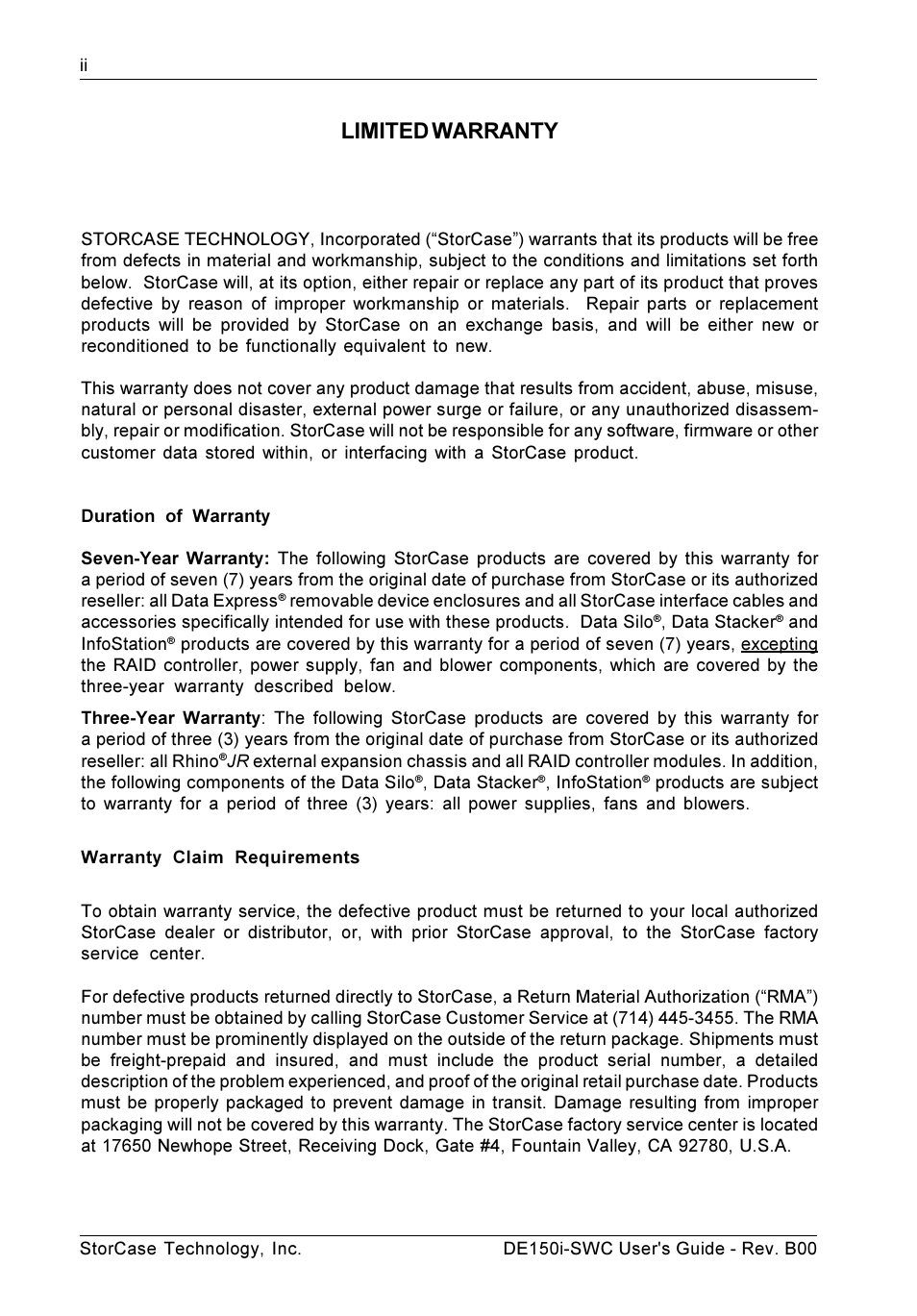 Limited warranty | StorCase Technology DE150i-SWC User Manual | Page 3 / 33