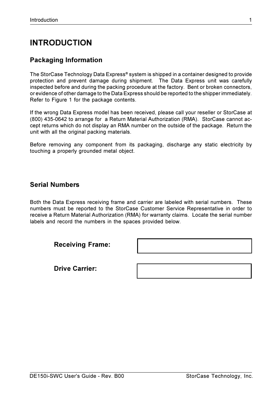 Introduction, Packaging information, Serial numbers | Receiving frame: drive carrier | StorCase Technology DE150i-SWC User Manual | Page 8 / 33