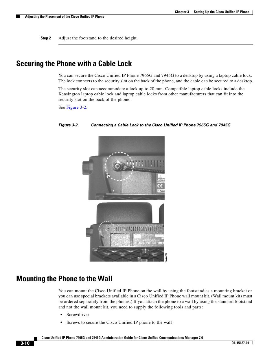 Securing the phone with a cable lock, Mounting the phone to the wall | Cisco 7965G User Manual | Page 10 / 14