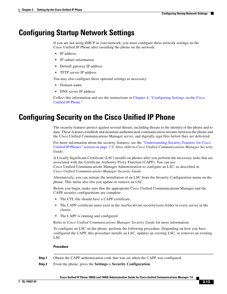 Configuring startup network settings, Configuring security on the cisco unified ip phone | Cisco 7965G User Manual | Page 13 / 14