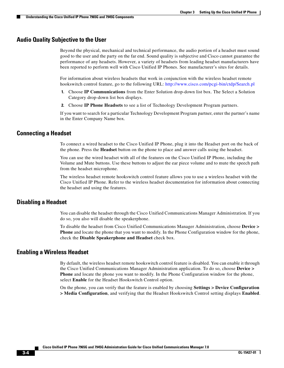 Audio quality subjective to the user, Connecting a headset, Disabling a headset | Enabling a wireless headset | Cisco 7965G User Manual | Page 4 / 14