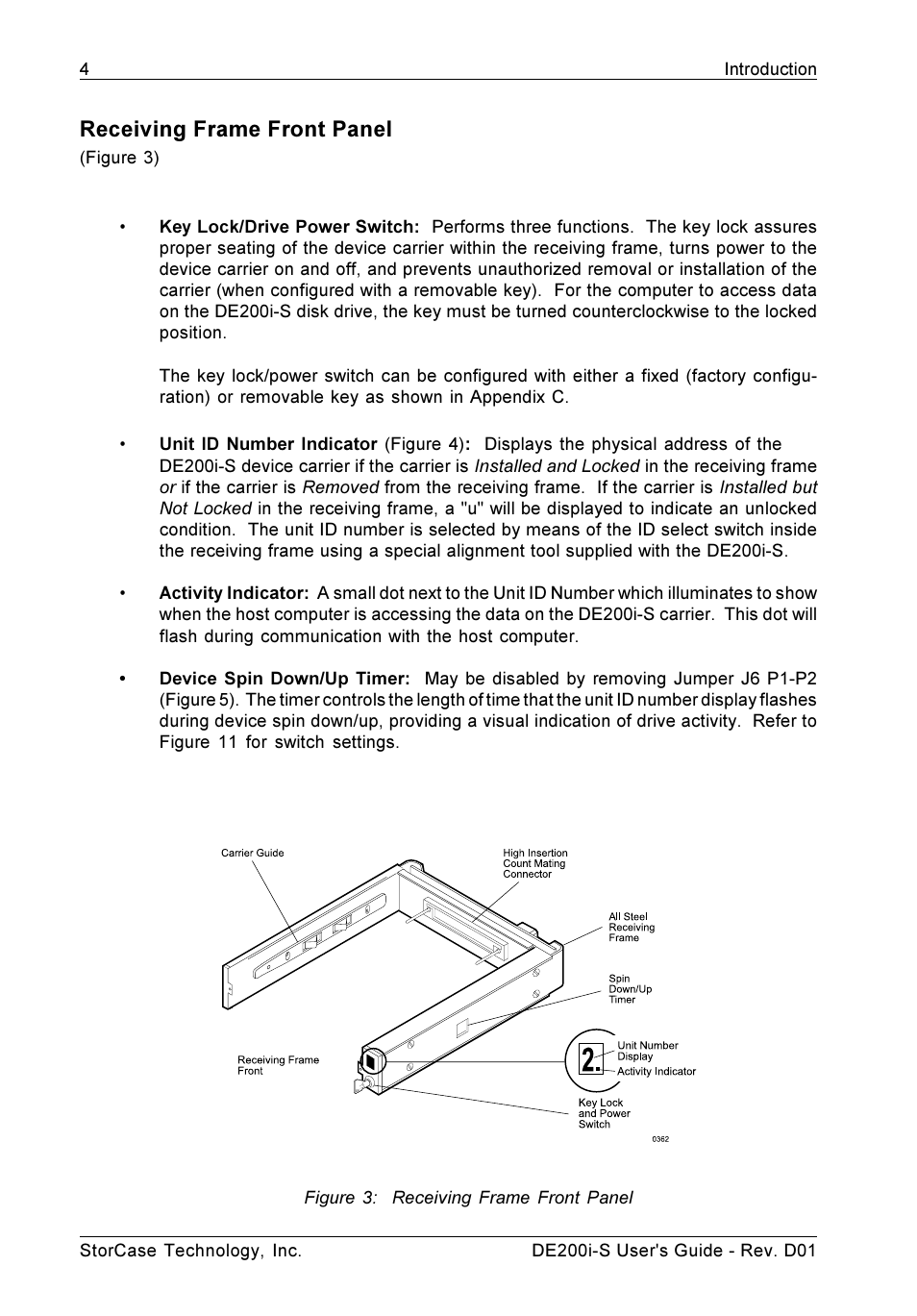 Receiving frame front panel | StorCase Technology DE200i-S User Manual | Page 11 / 33