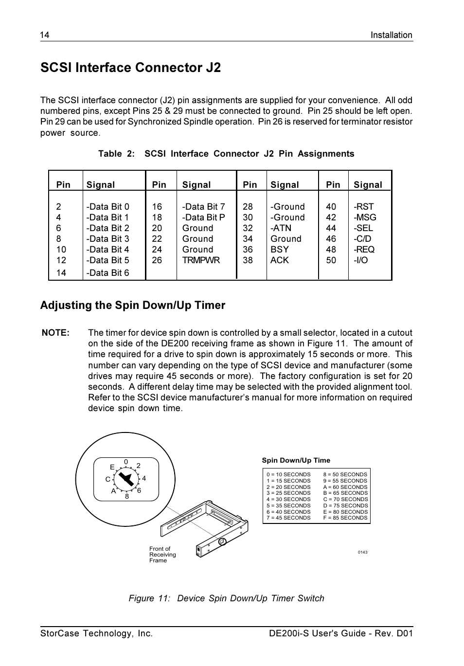 Scsi interface connector j2, Adjusting the spin down/up timer | StorCase Technology DE200i-S User Manual | Page 21 / 33