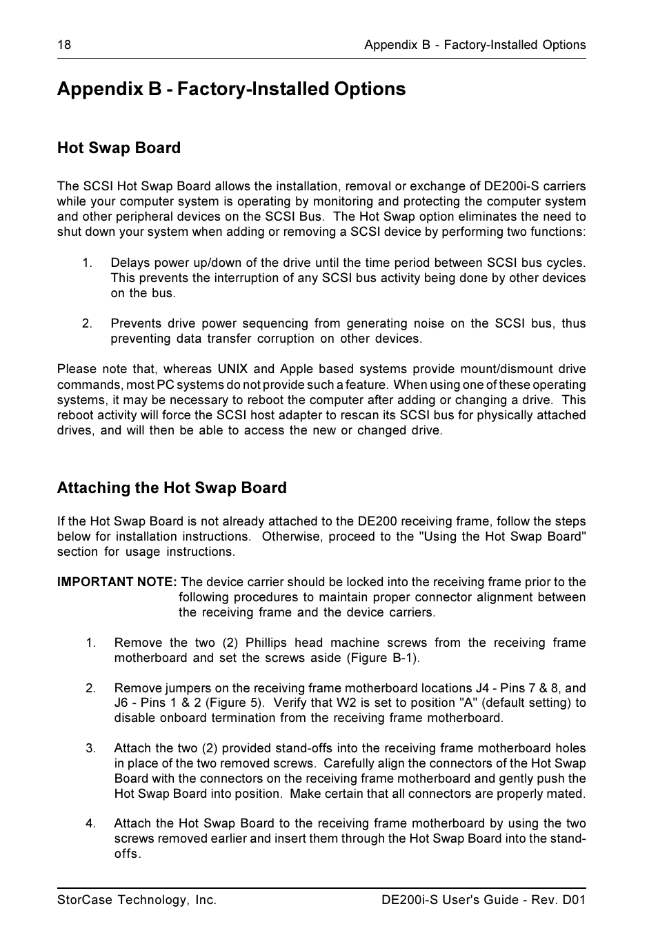 Appendix b - factory-installed options, Hot swap board, Attaching the hot swap board | StorCase Technology DE200i-S User Manual | Page 25 / 33