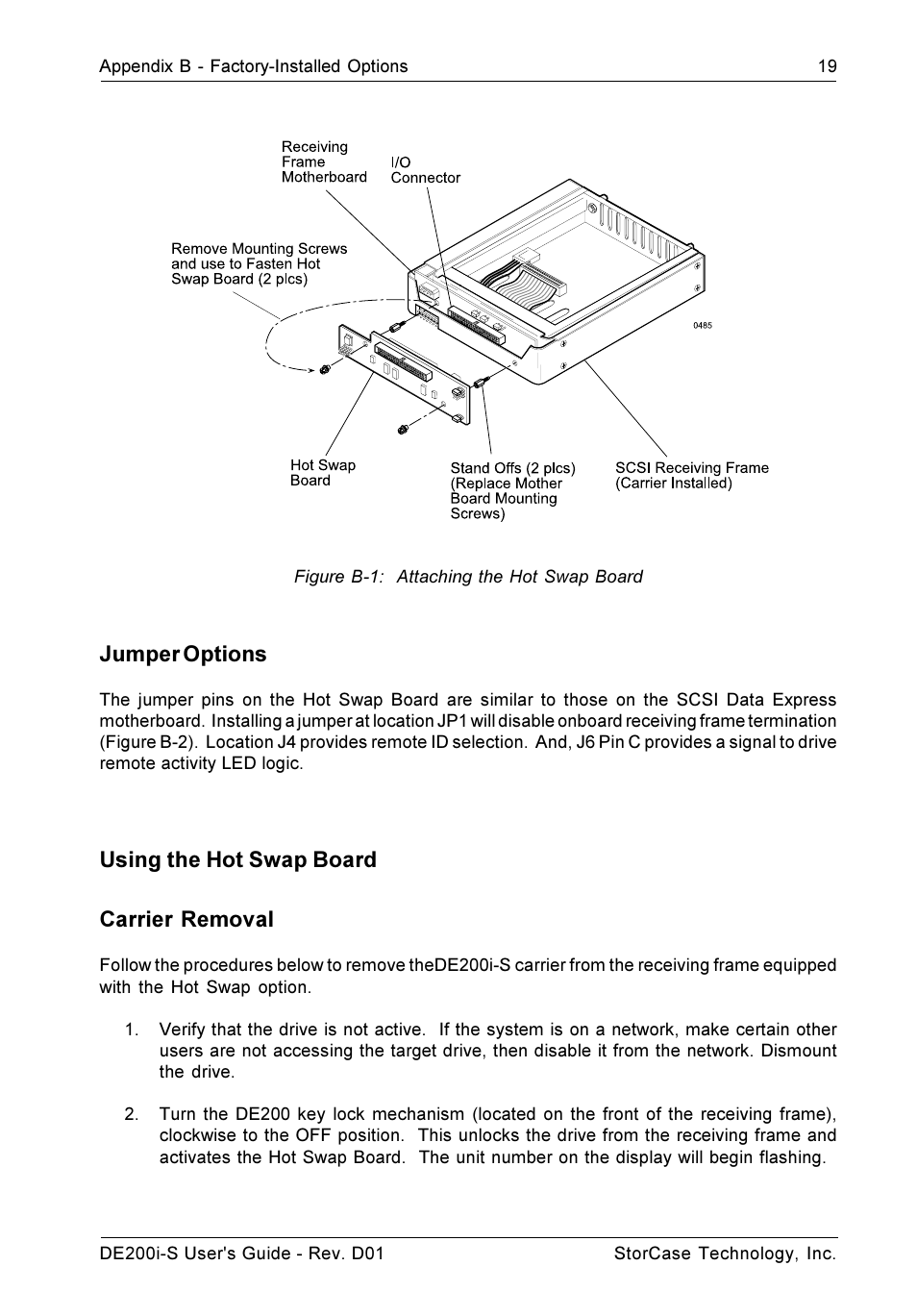 Jumper options, Using the hot swap board carrier removal | StorCase Technology DE200i-S User Manual | Page 26 / 33