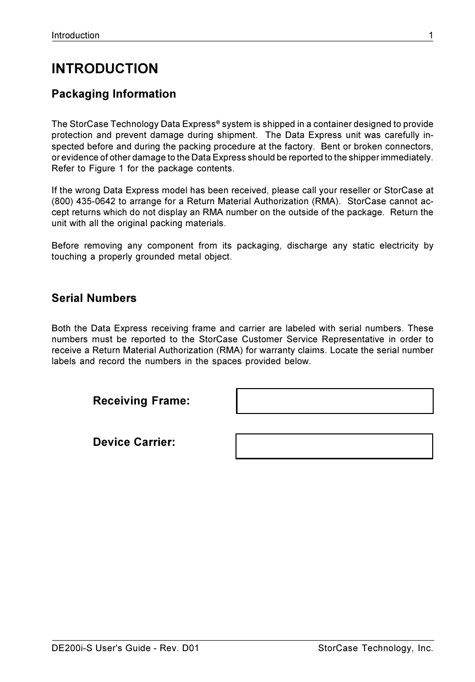 Introduction, Packaging information, Serial numbers | Receiving frame: device carrier | StorCase Technology DE200i-S User Manual | Page 8 / 33