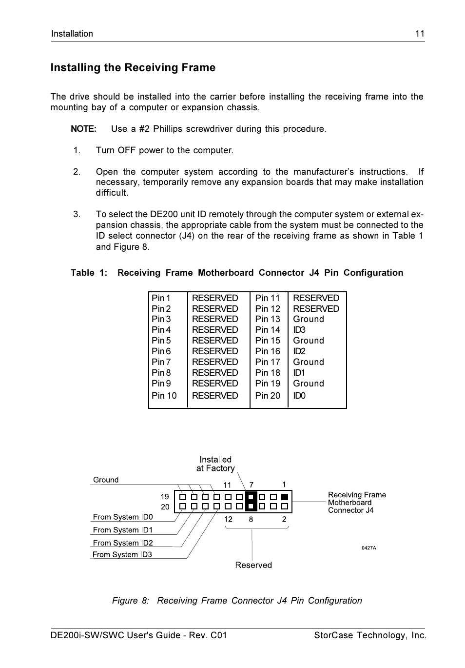Installing the receiving frame | StorCase Technology DE200i-SWC User Manual | Page 18 / 35
