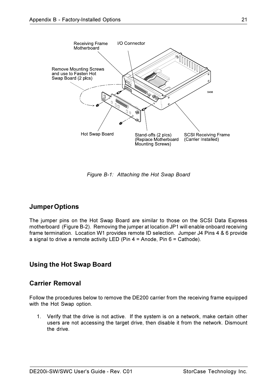 Jumper options, Using the hot swap board carrier removal | StorCase Technology DE200i-SWC User Manual | Page 28 / 35