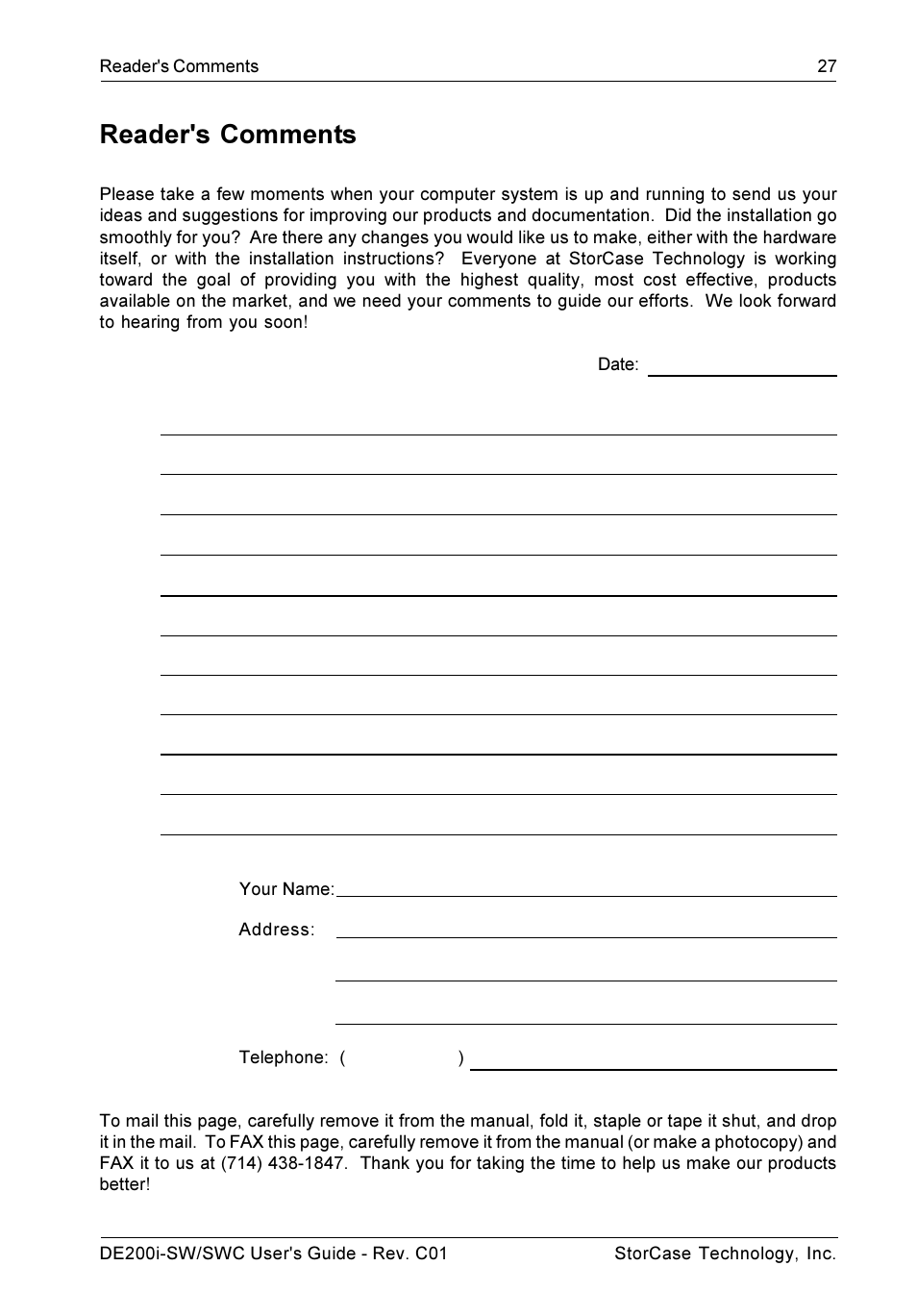 Reader's comments | StorCase Technology DE200i-SWC User Manual | Page 34 / 35