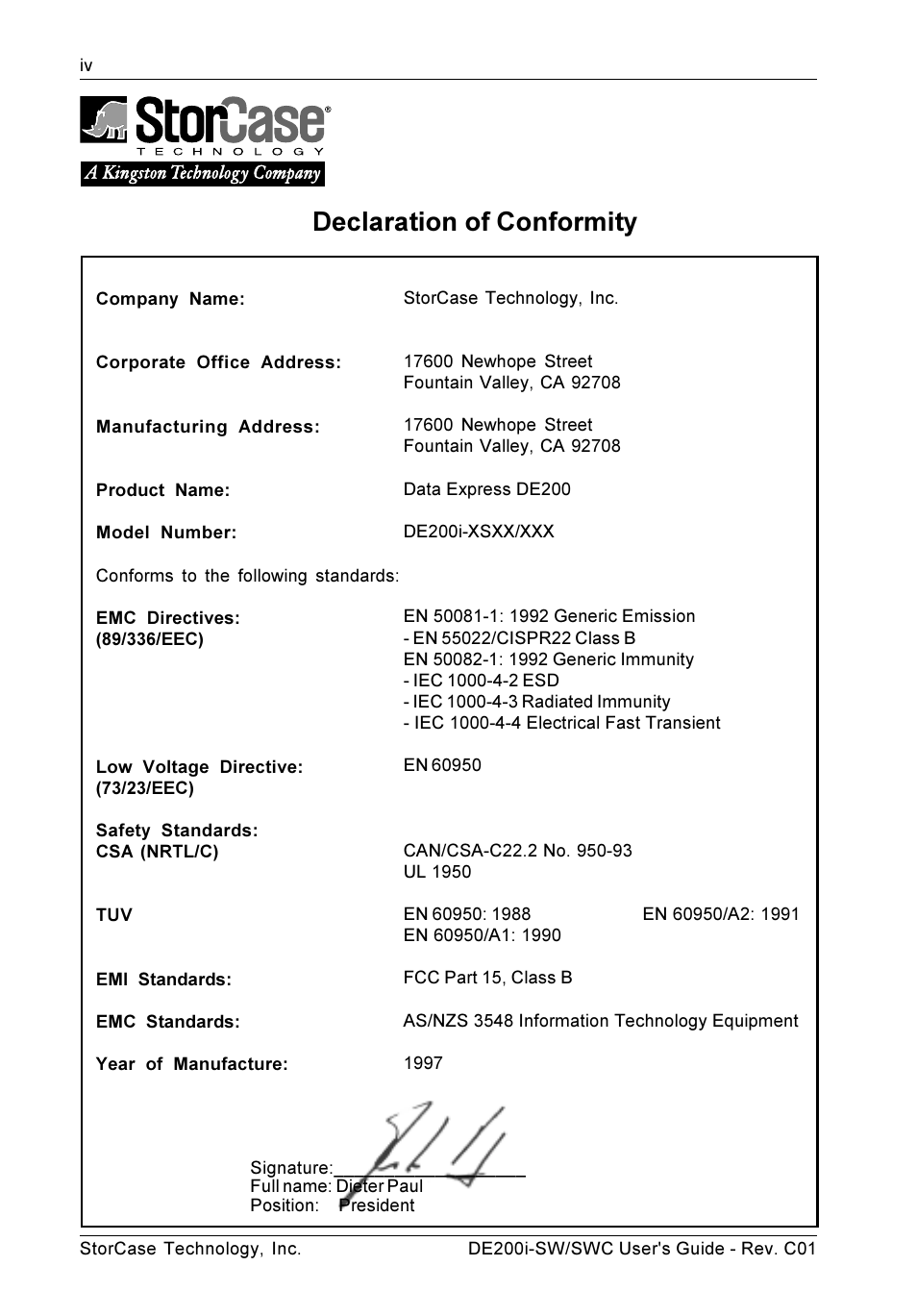 Declaration of conformity | StorCase Technology DE200i-SWC User Manual | Page 5 / 35