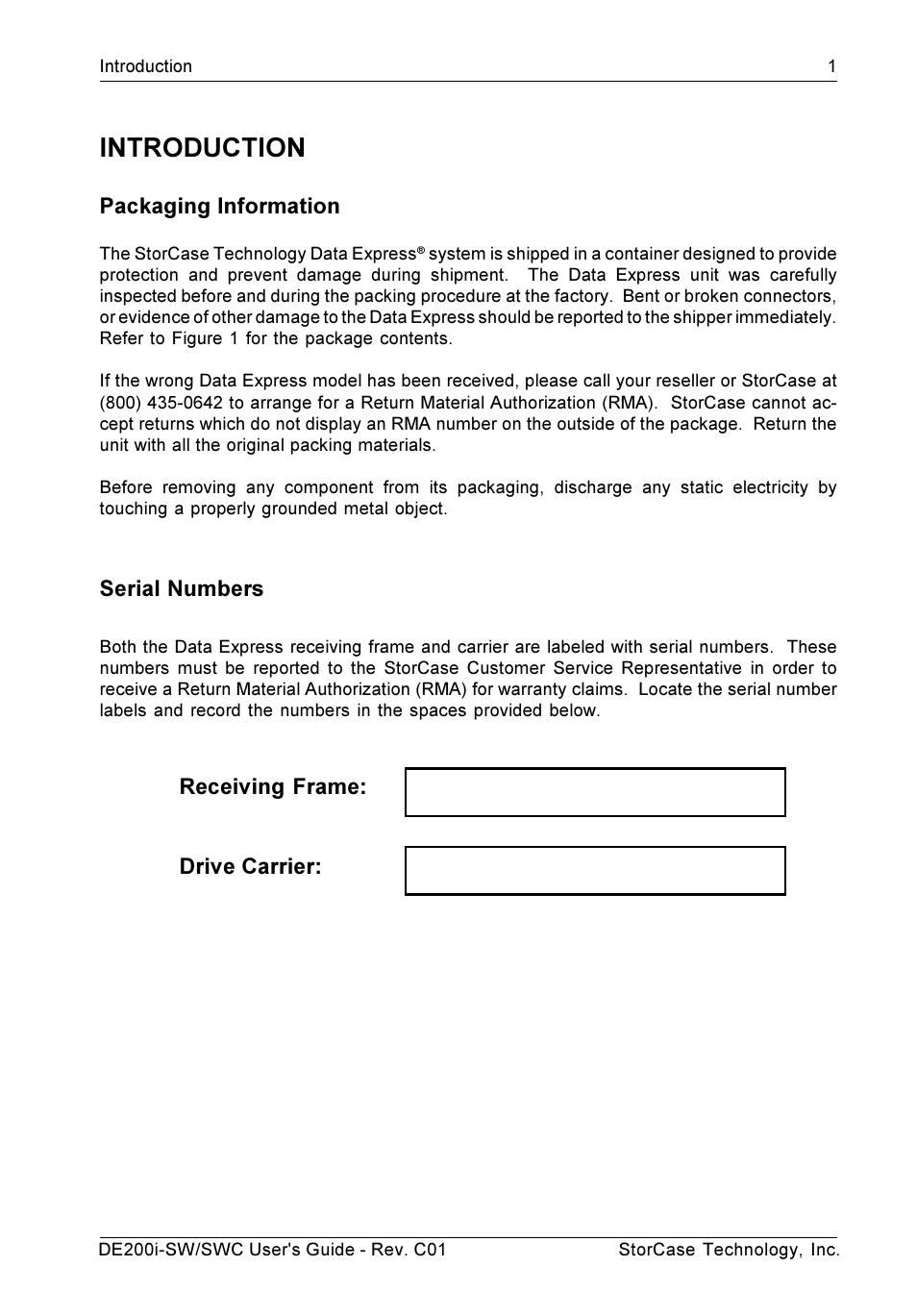 Introduction, Packaging information, Serial numbers | Receiving frame: drive carrier | StorCase Technology DE200i-SWC User Manual | Page 8 / 35