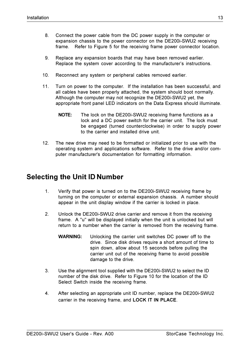 Selecting the unit id number | StorCase Technology DE200i-SWU2 User Manual | Page 20 / 37