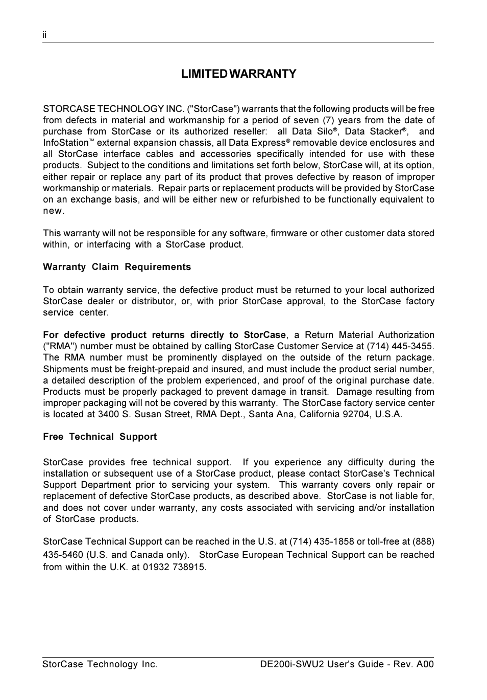 Limited warranty | StorCase Technology DE200i-SWU2 User Manual | Page 3 / 37