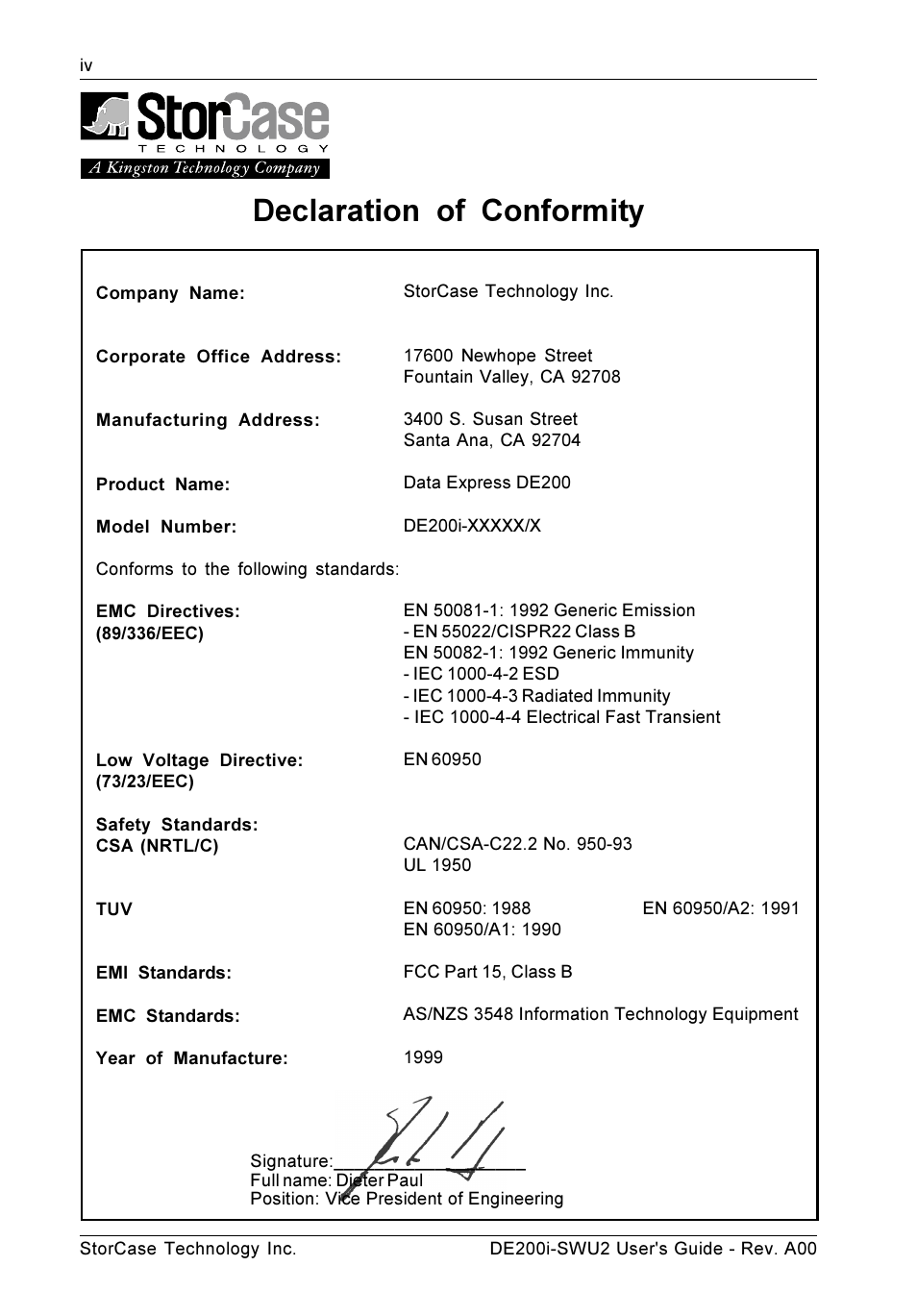 Declaration of conformity | StorCase Technology DE200i-SWU2 User Manual | Page 5 / 37