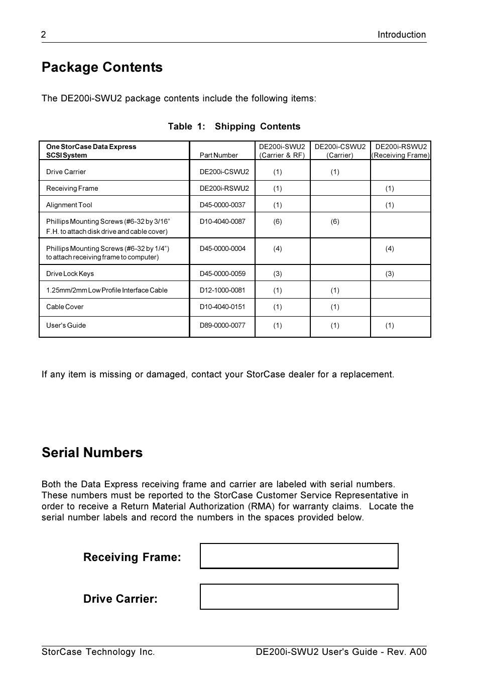 Serial numbers, Package contents, Receiving frame: drive carrier | StorCase Technology DE200i-SWU2 User Manual | Page 9 / 37