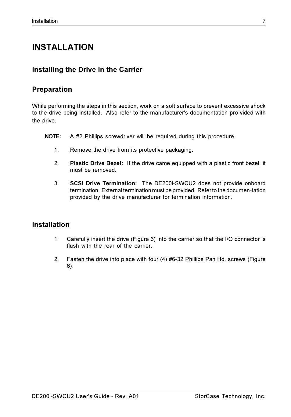 Installation, Installing the drive in the carrier preparation | StorCase Technology DE200i-SWCU2 User Manual | Page 14 / 35