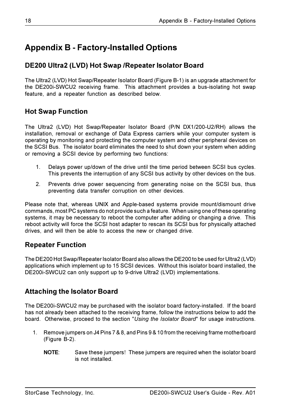 Appendix b - factory-installed options, Hot swap function, Repeater function | Attaching the isolator board | StorCase Technology DE200i-SWCU2 User Manual | Page 25 / 35