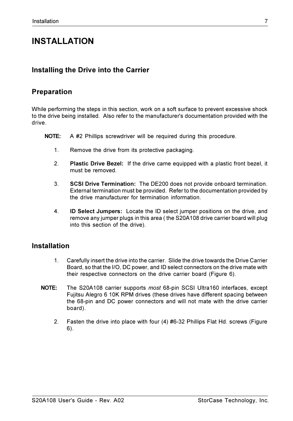 Installation, Installing the drive into the carrier preparation | StorCase Technology S20A108 User Manual | Page 14 / 33