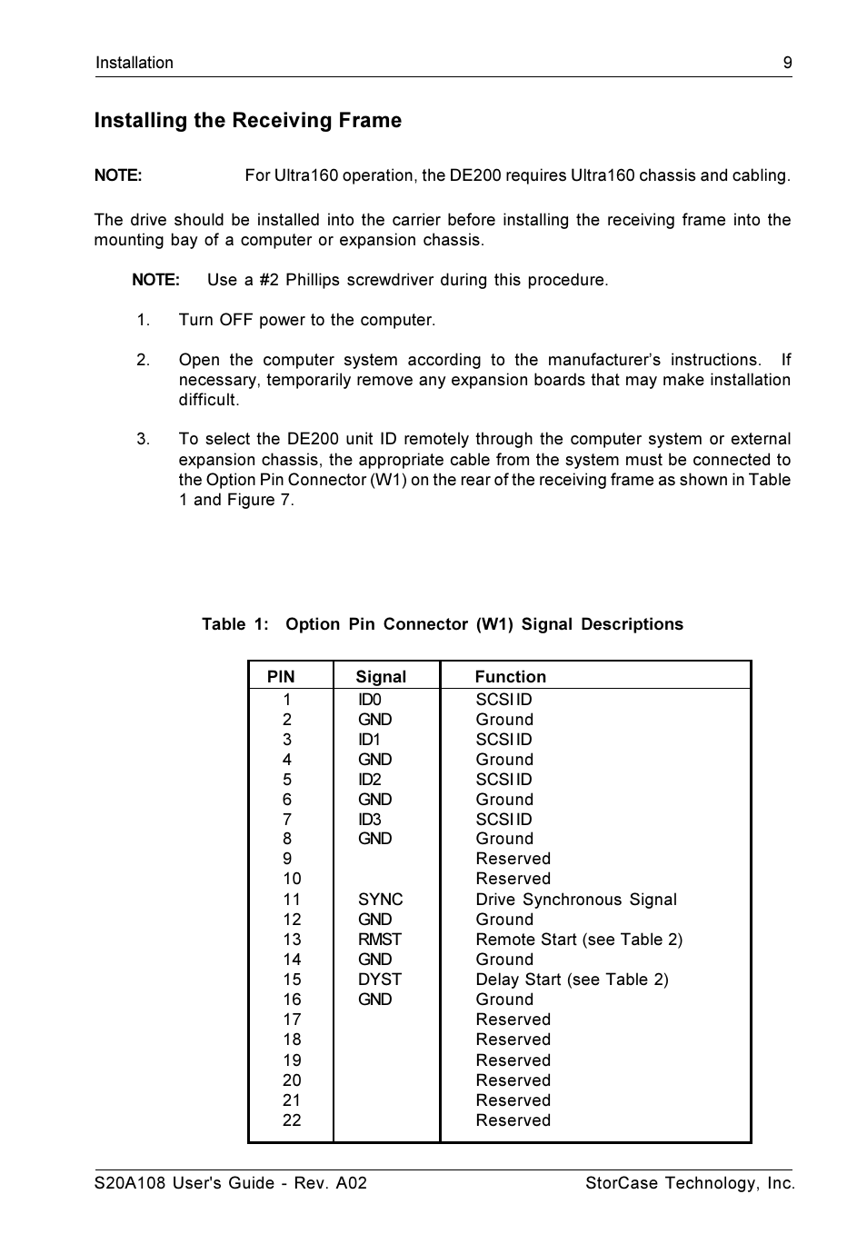 Installing the receiving frame | StorCase Technology S20A108 User Manual | Page 16 / 33