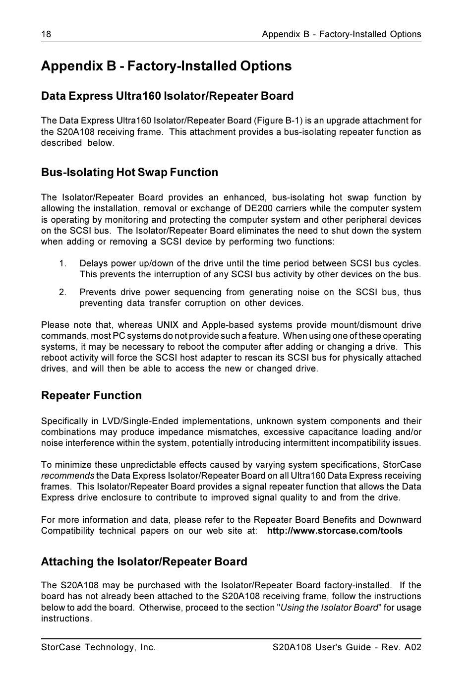 Appendix b - factory-installed options, Data express ultra160 isolator/repeater board, Bus-isolating hot swap function | Repeater function, Attaching the isolator/repeater board | StorCase Technology S20A108 User Manual | Page 25 / 33