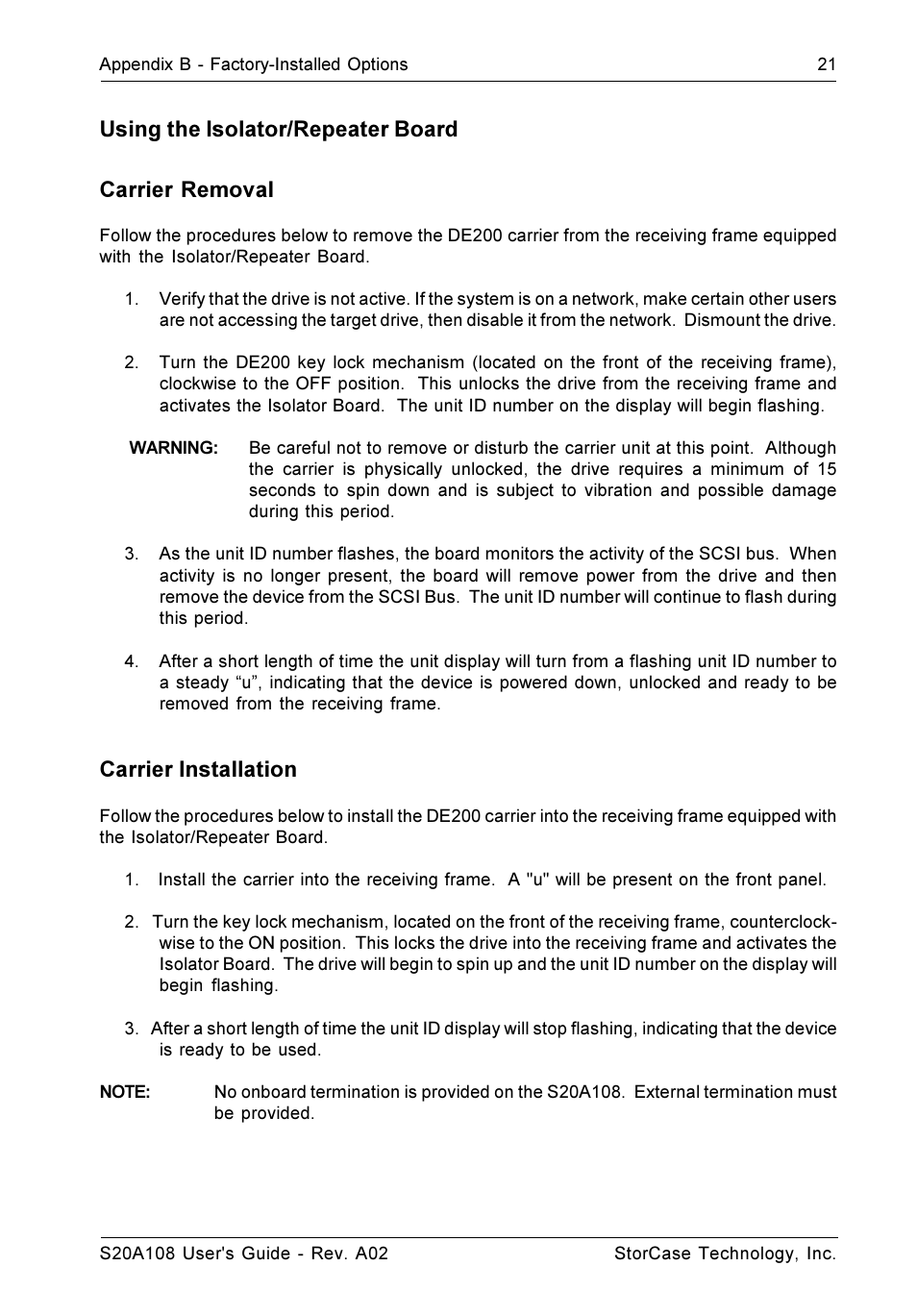 Using the isolator/repeater board carrier removal, Carrier installation | StorCase Technology S20A108 User Manual | Page 28 / 33