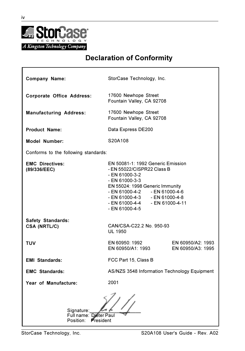 Declaration of conformity | StorCase Technology S20A108 User Manual | Page 5 / 33