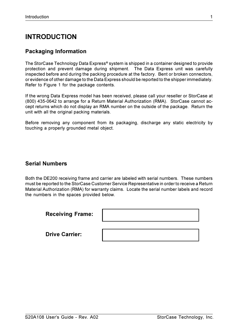 Introduction, Packaging information, Serial numbers | Receiving frame: drive carrier | StorCase Technology S20A108 User Manual | Page 8 / 33